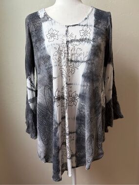 ETC Black White Paisley Tie Dye Crinkle Tunic Top One Size
